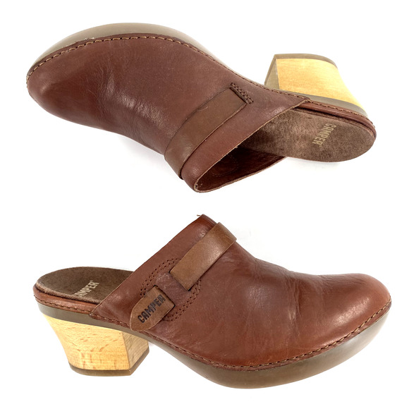 Camper Mules Clogs Slip On Womens Size EU 37/US 6 Brown Leather‎ Wooden Heel - Picture 1 of 11